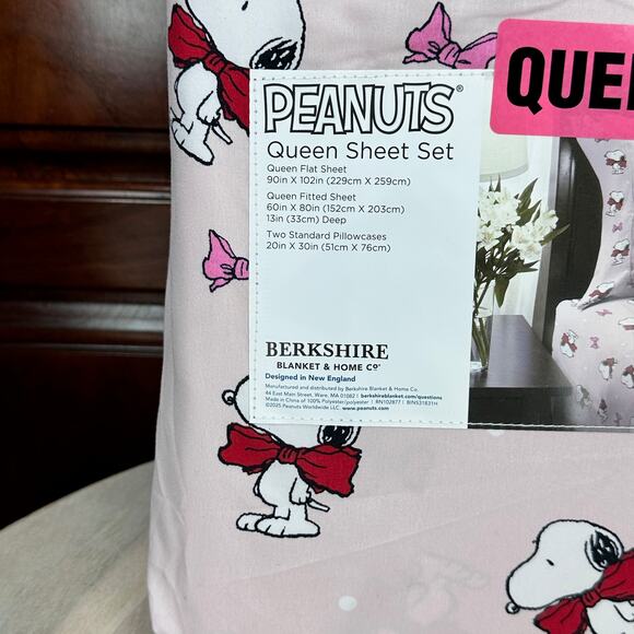 Peanuts Snoopy Bows Queen Sheet Set Pink Berkshire Holiday Christmas Bedding NEW - Picture 7 of 12